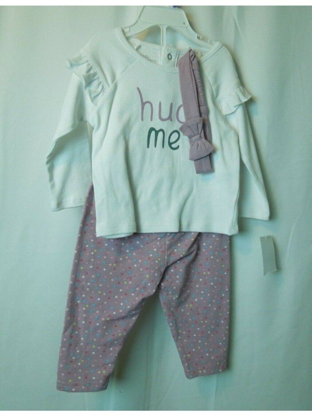 3-PC White Long Sleeve Hug Me Tee Polka Dot Stretch Bottoms Purple Headband 6-9M